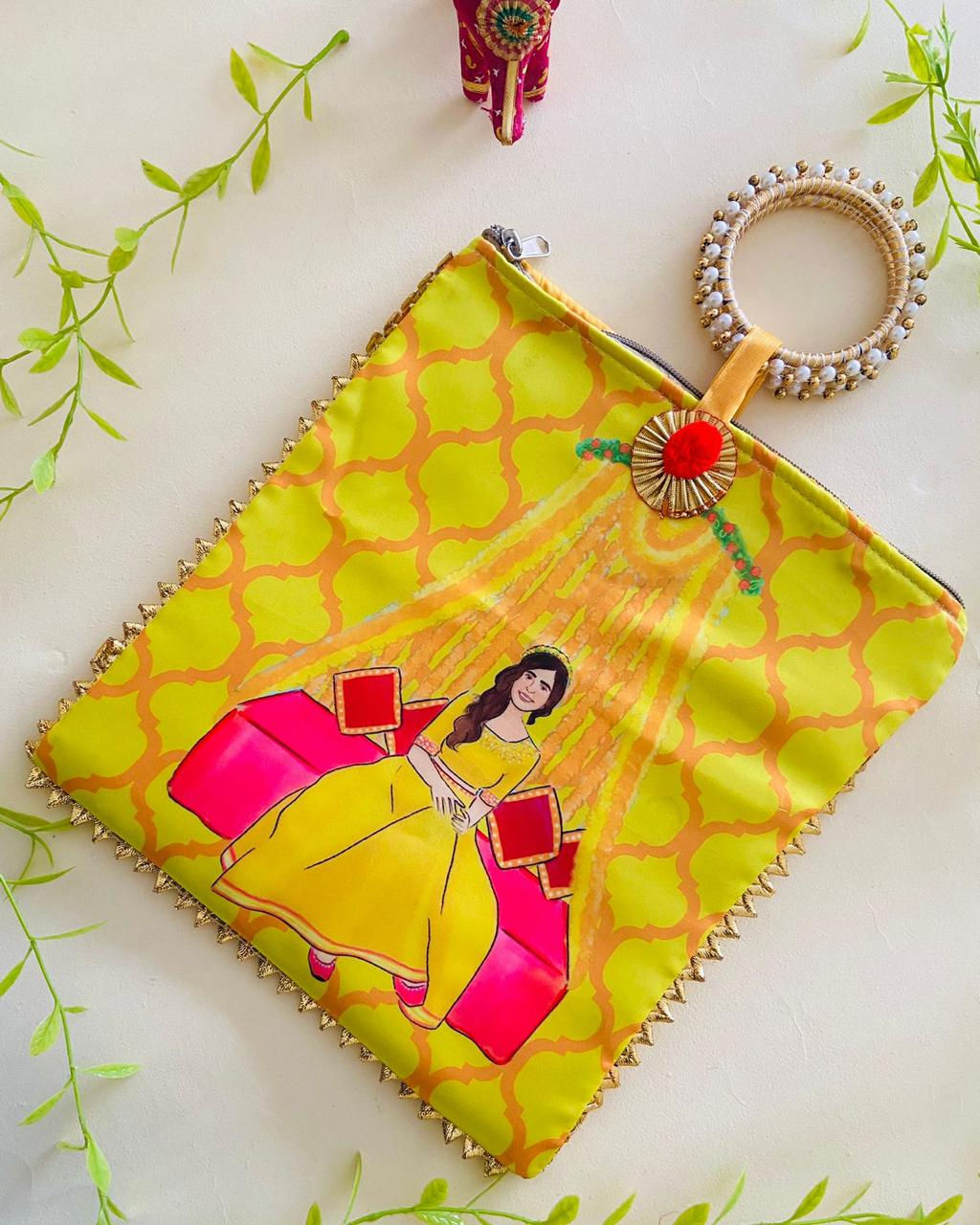 Women Designer Digital Print Yellow Bag with Zip Lock and Bangle shape handle