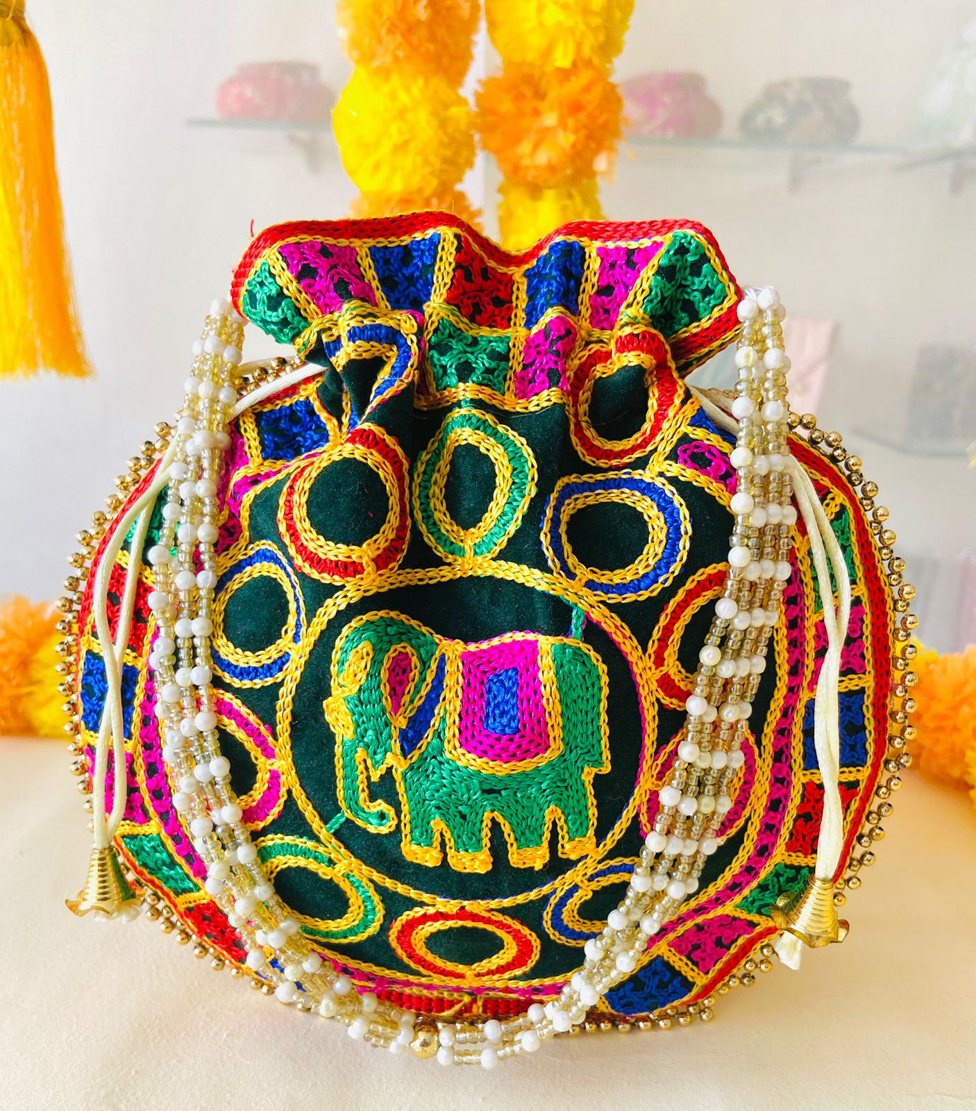 Women Rajasthani Handwork Green Elephant Byra potli bags for girls and women