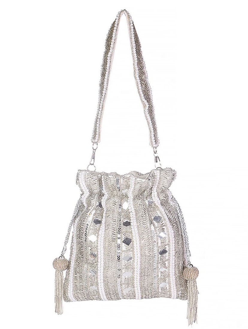 Thumbnail: Silver Mirror Embellish Party Wear Potli Bag