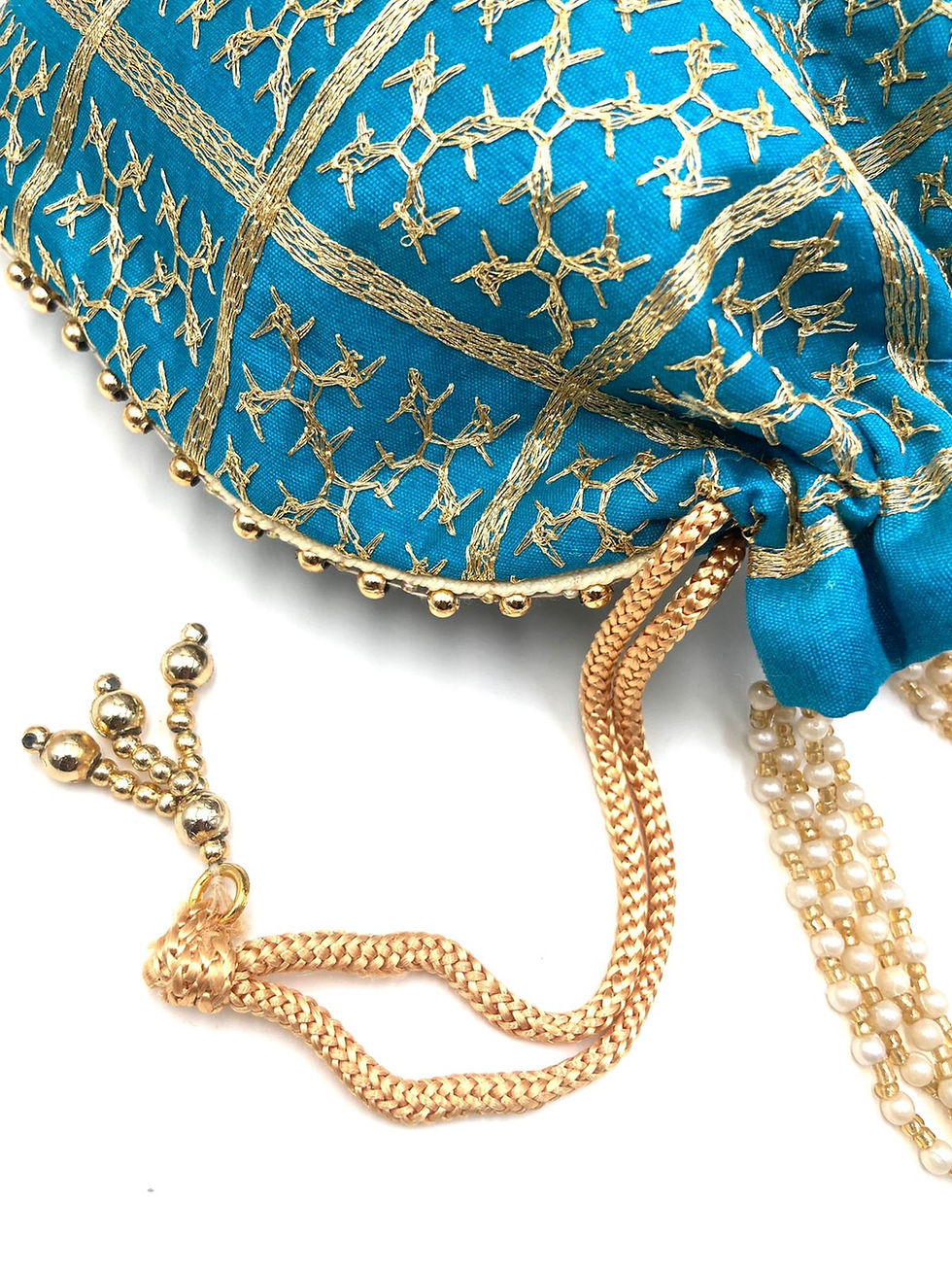 Thumbnail: Women Firozi Ghatchola Embroidered Potli bags with Pearl handle and