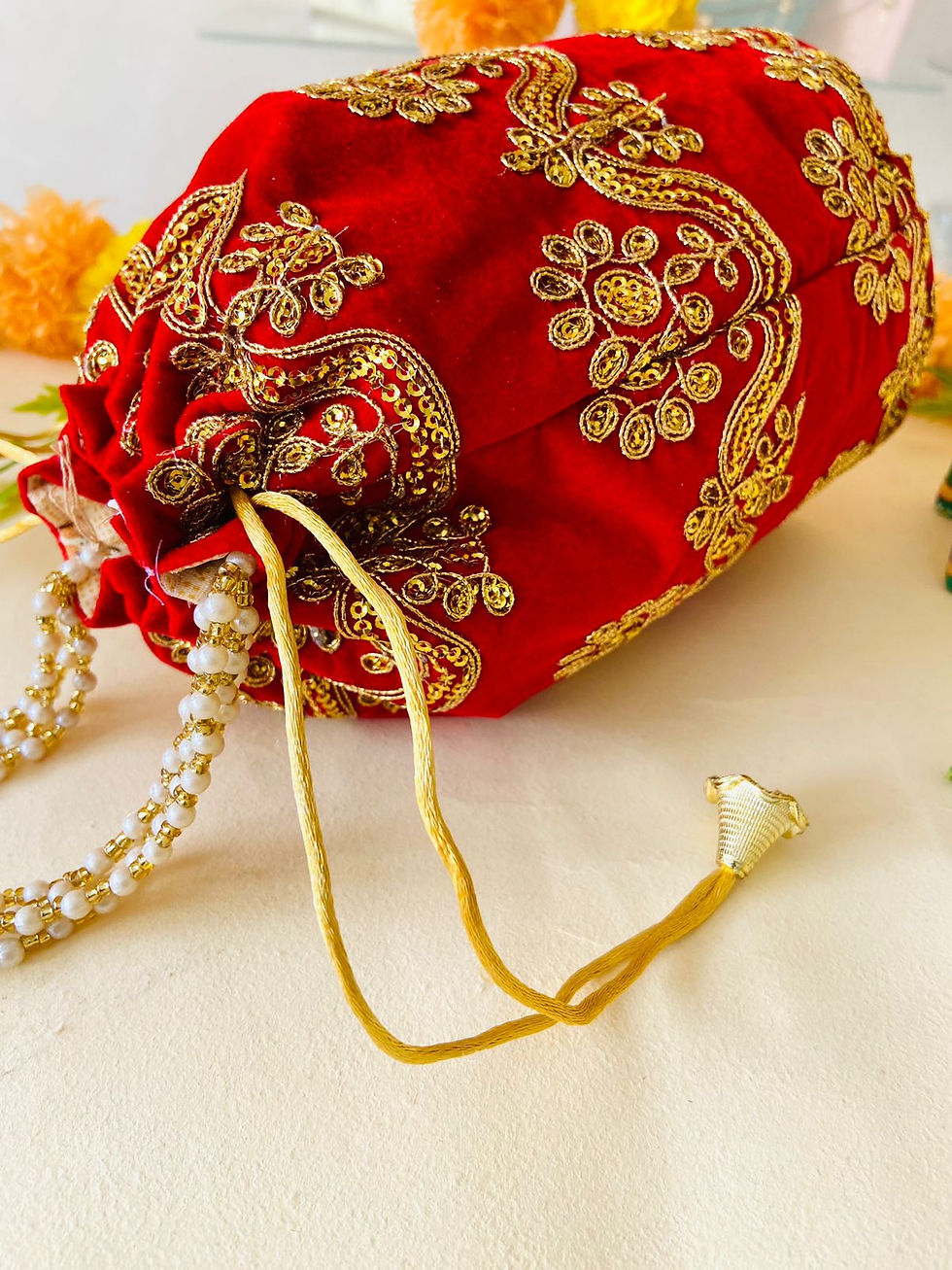 Thumbnail: Women Velvet Handwork Wedding Red Byra potli bags for girls and women