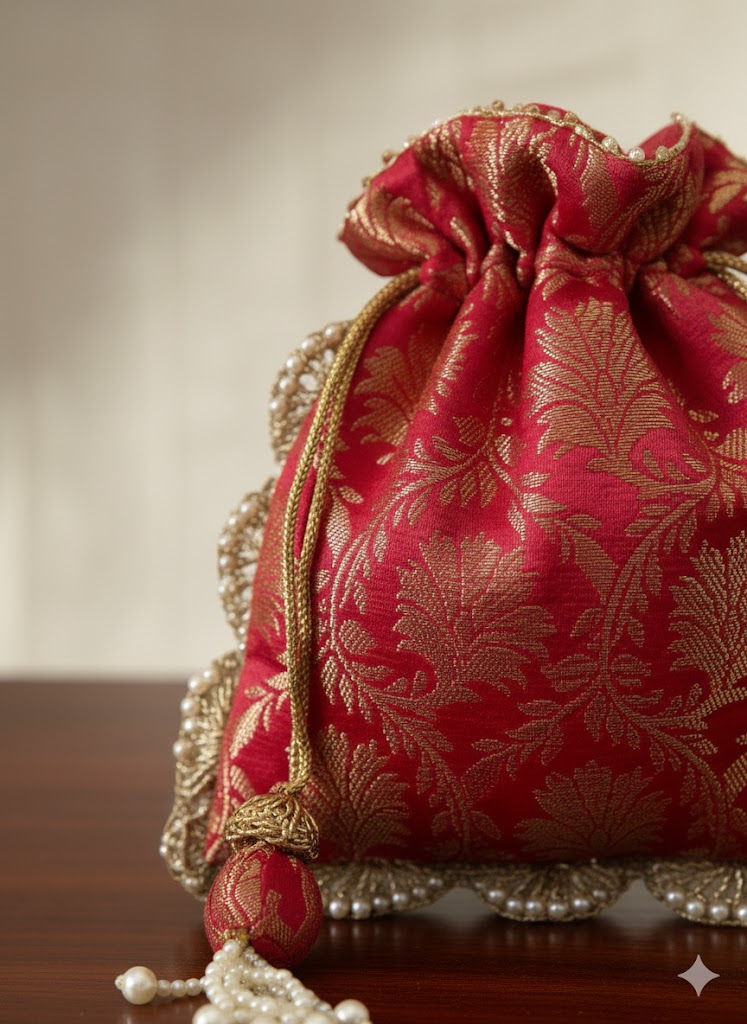 Thumbnail: Women Wedding Banarasi Jacquard potli bags with Pearl handle and latkan