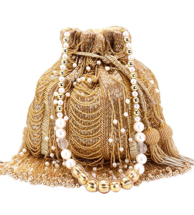 Thumbnail: Golden & White Pearl Heavy Designer Potli Bag