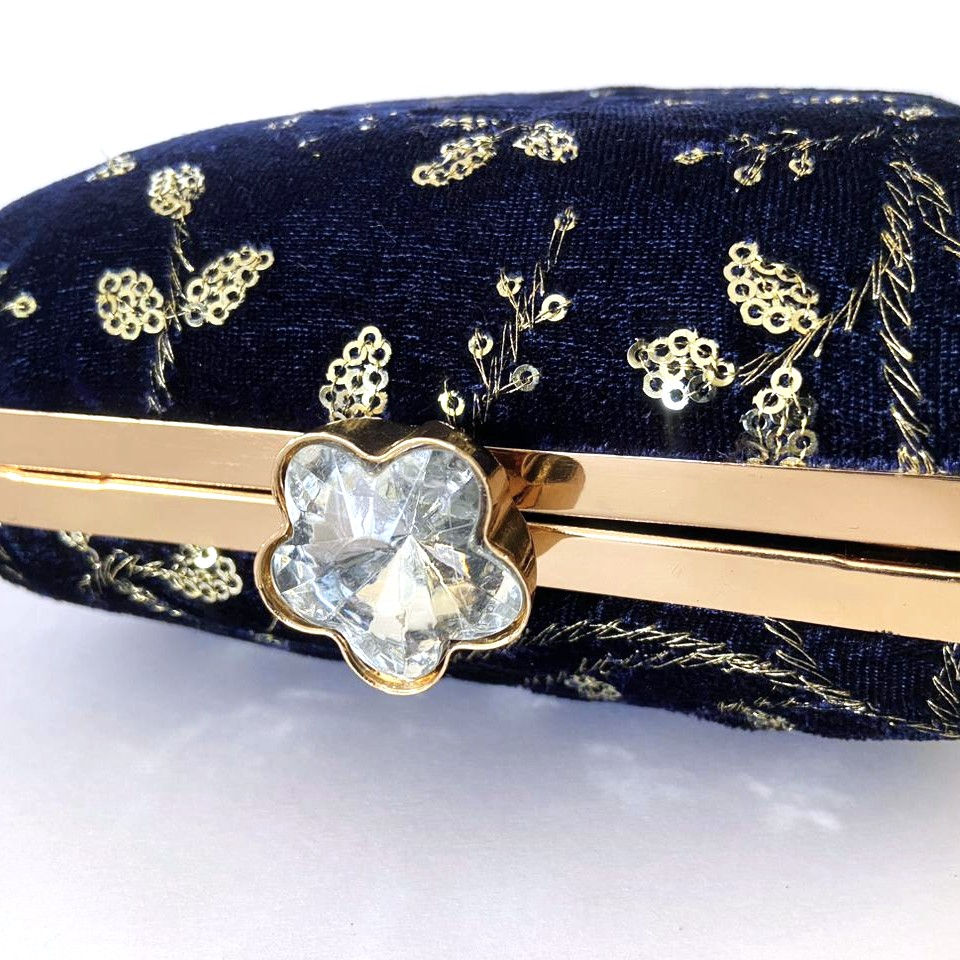 Thumbnail: Premium Navy Blue Velvet Embroidered Clutch Bag