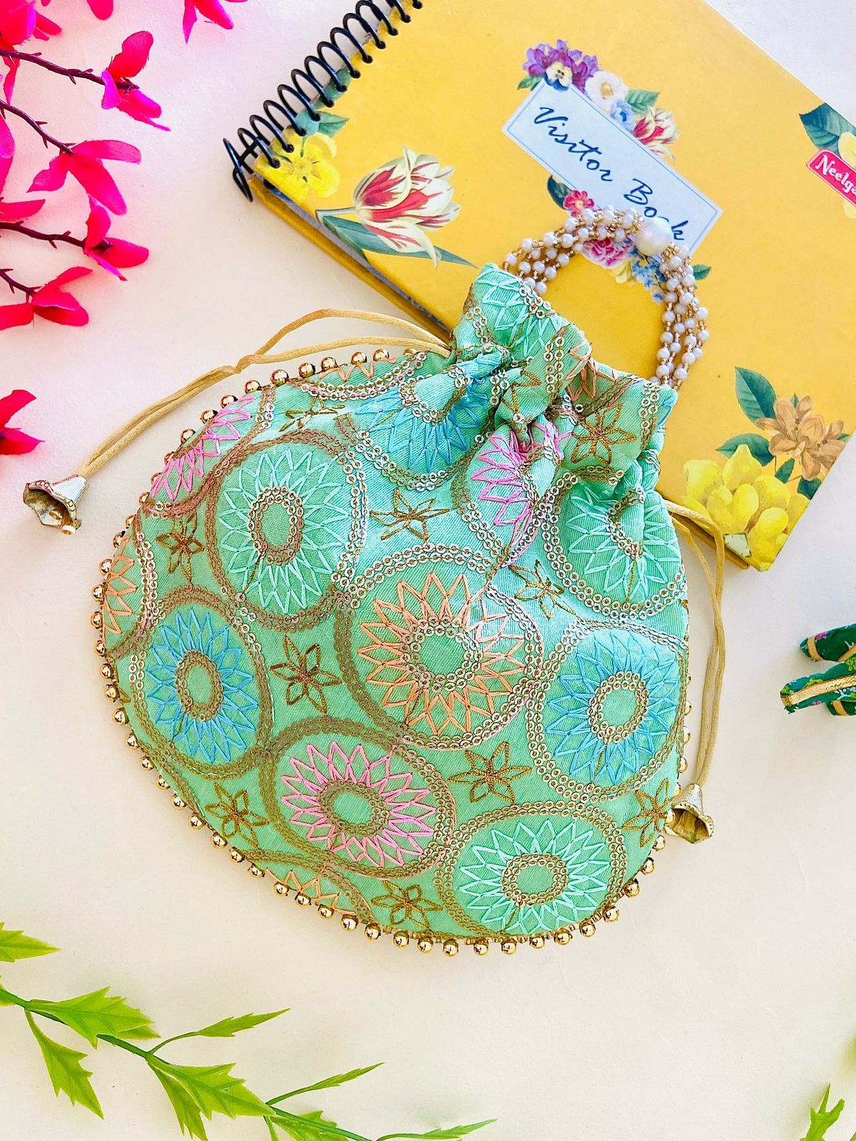 Women Sunflower Embroidered Wedding Potli Bags with Pearl handle