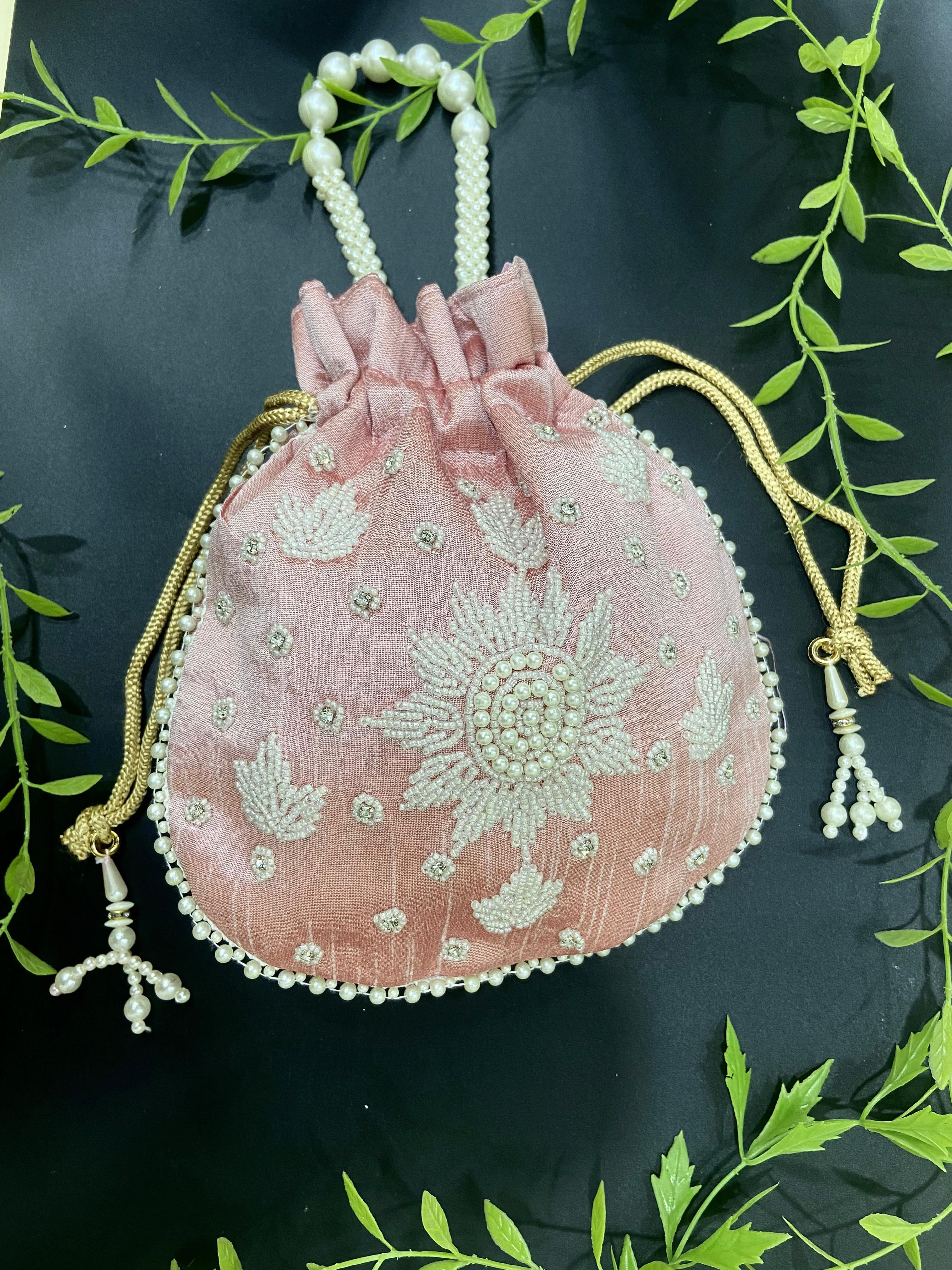 Women Premium Pearl Hand Work Potli bag with Heavy Latkan and Pear