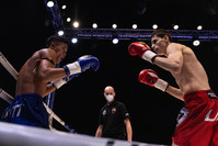 Nattapon Saenkla (L) and Gusein Tagirovich (R) during Muay Thai Night at Expo Sports Arena