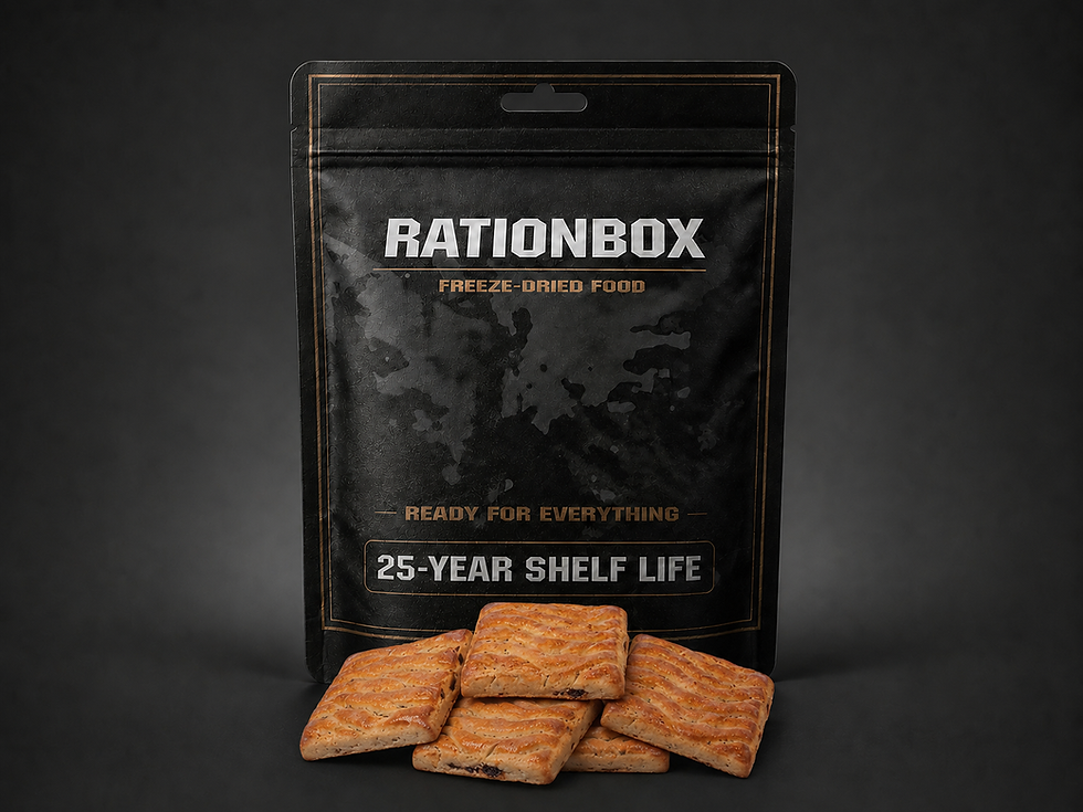 Rationbox freeze-dried multigrain and fruit biscuits displayed in front of a black 25-year shelf life food pouch.
