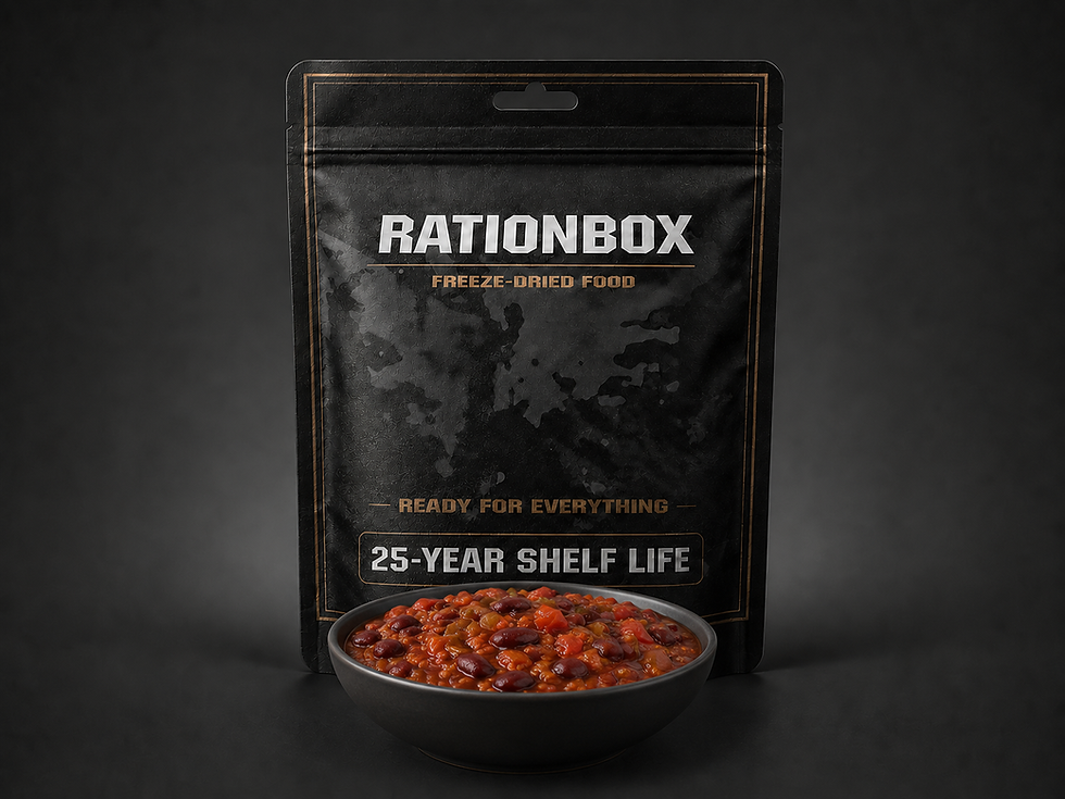 Rationbox freeze-dried Chili Sin Carne with beans and vegetables, with a shelf life of up to 25 years.