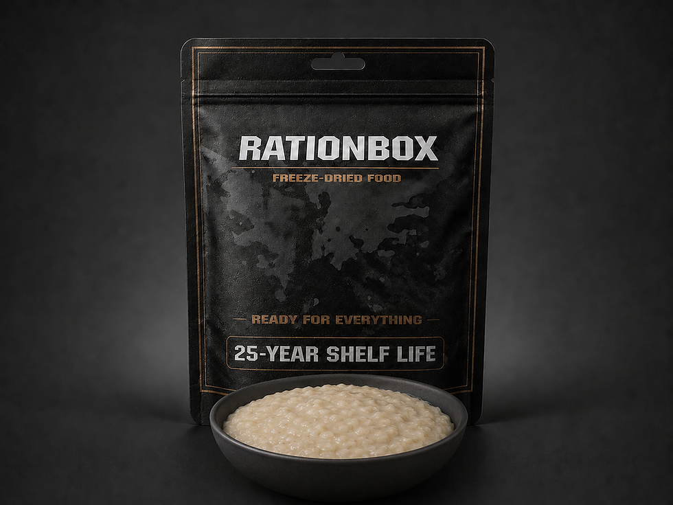 RationBox freeze-dried 7-grain porridge pouch with a bowl of plain creamy porridge, 6 portions and up to 25-year shelf life.