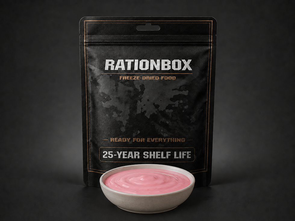 Dessert RationBox saveur fraise, 2 portions, présenté avec sachet longue conservation jusqu’à 25 ans.
