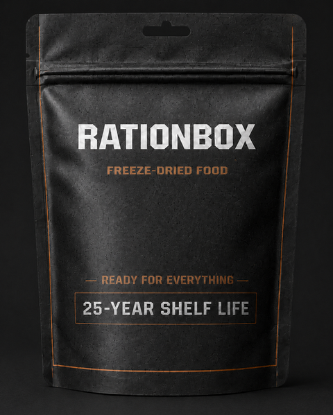 Individual RationBox freeze-dried food bags for emergency storage