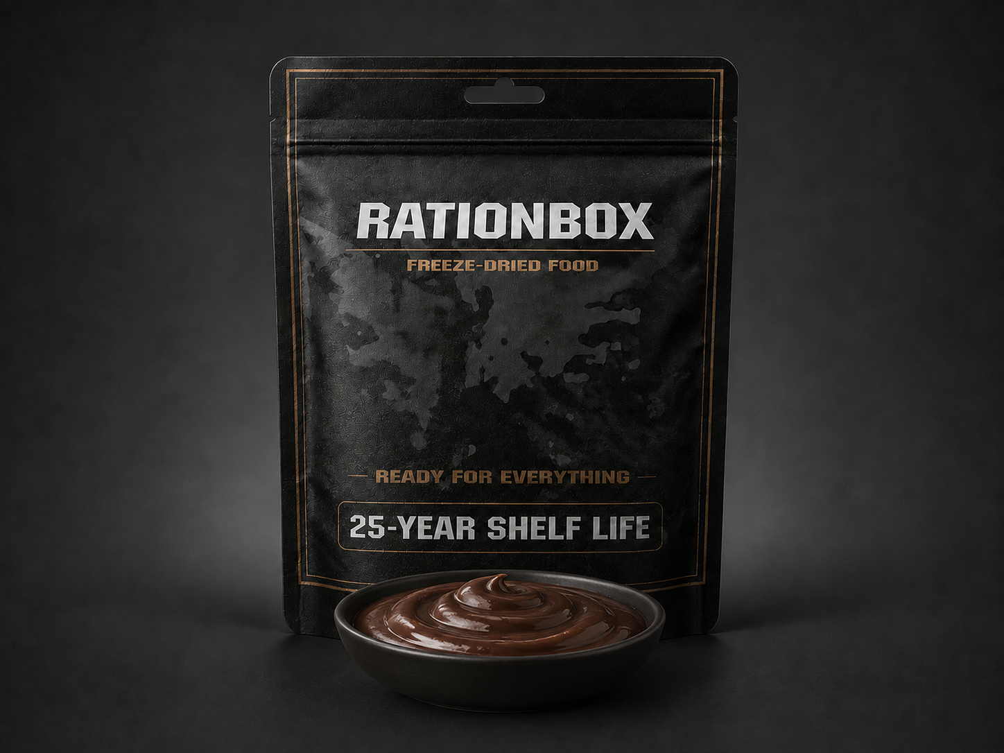 Rationbox freeze-dried chocolate dessert pouch with bowl of chocolate pudding, 2 portions and 25-year shelf life