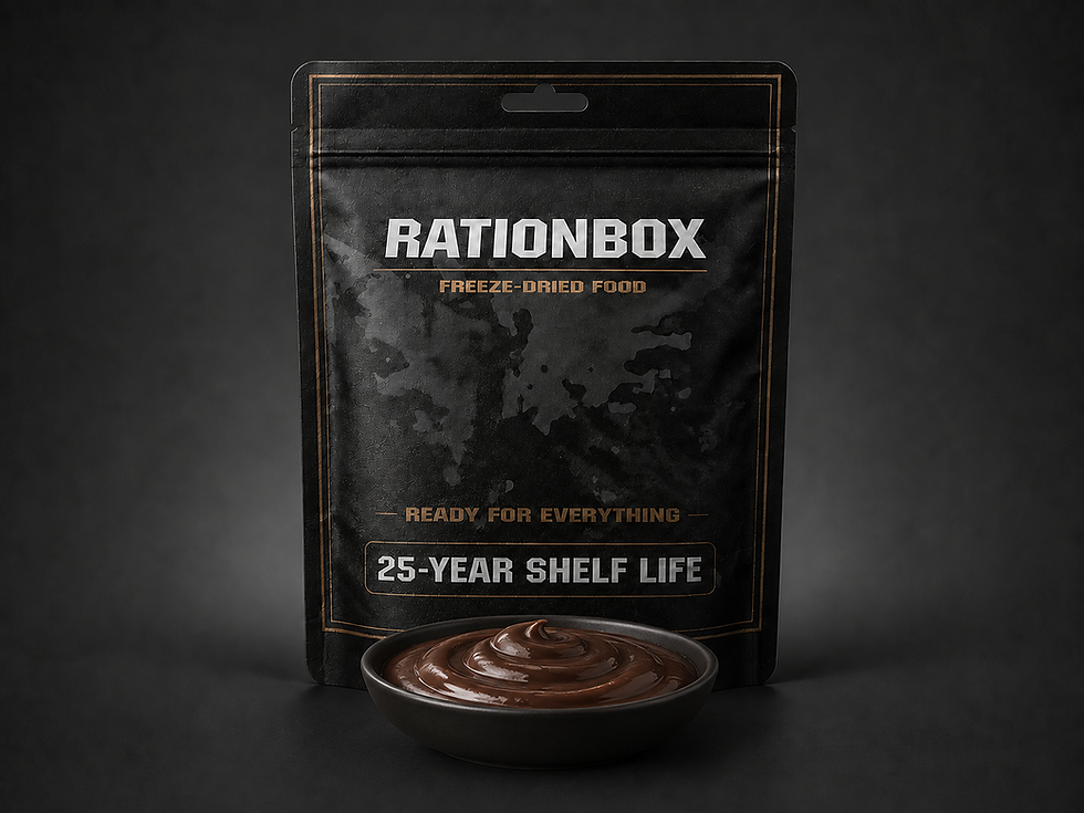 Rationbox freeze-dried chocolate dessert pouch with bowl of chocolate pudding, 2 portions and 25-year shelf life