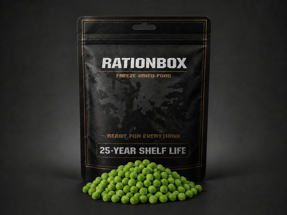 Petits pois lyophilisés RationBox, 30 g, avec sachet longue conservation jusqu’à 25 ans.