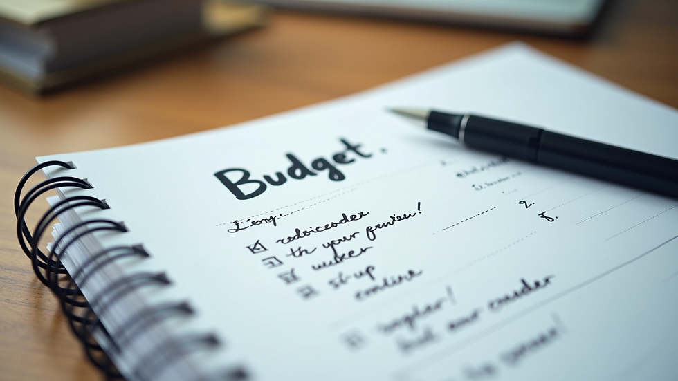 Close-up view of a budget planner with handwritten notes and a pen