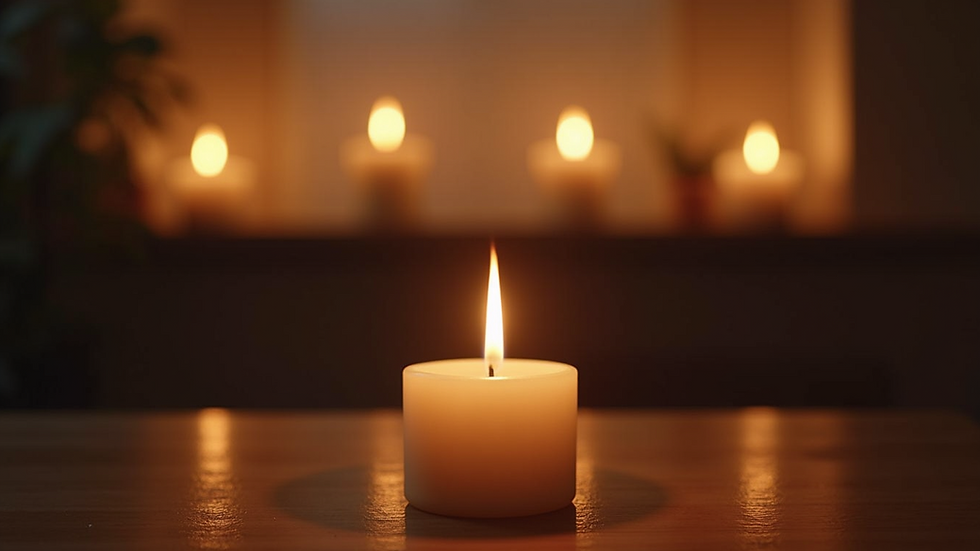 Eye-level view of a candle burning softly in a serene environment