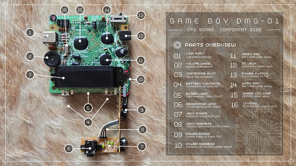 Annotated Game Boy DMG-01 CPU board showing the Sharp CPU, work and video RAM and the crystal.