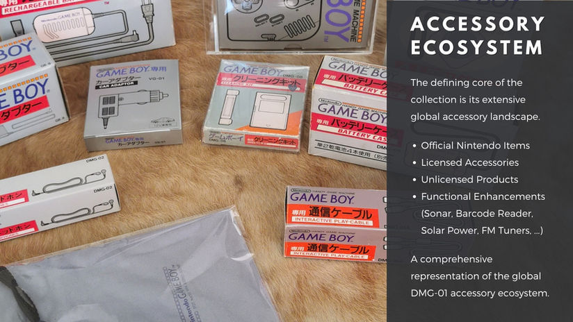 Nintendo Game Boy DMG-01 accessory collection including official, licensed and third-party items in original packaging