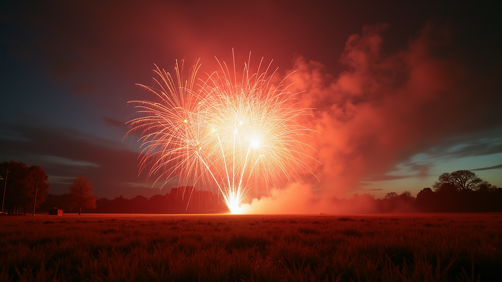 Wide angle view of fireworks exploding over a large open field in Wythenshawe
