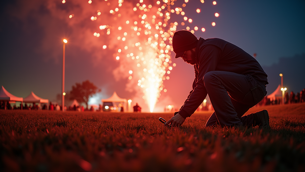 Eye-level view of a fireworks technician setting up pyrotechnics at a Wythenshawe event site