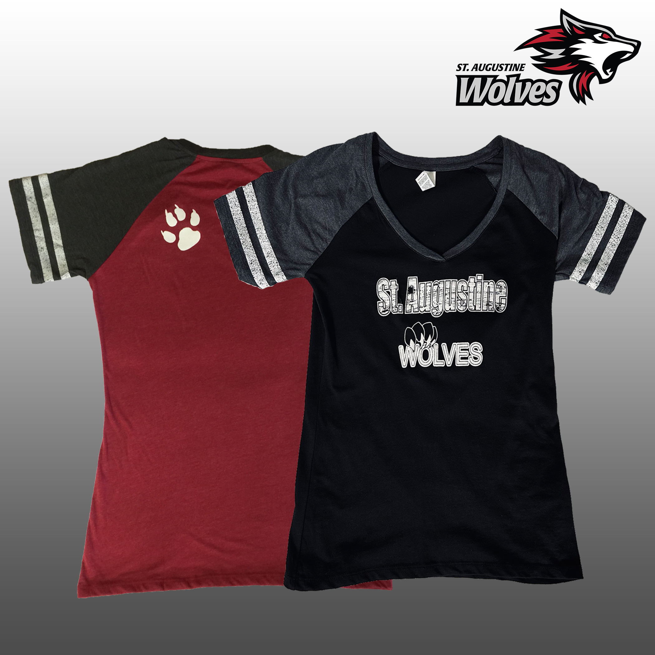 St. A's Lady Wolves! Spirit Striped Sleeve V-Neck Tee