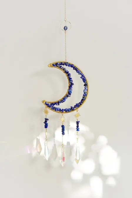 Gold Tone Half Moon Lapis Lazuli Crystal Suncatcher