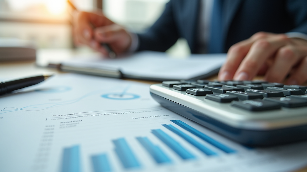 Eye-level view of a calculator and financial documents