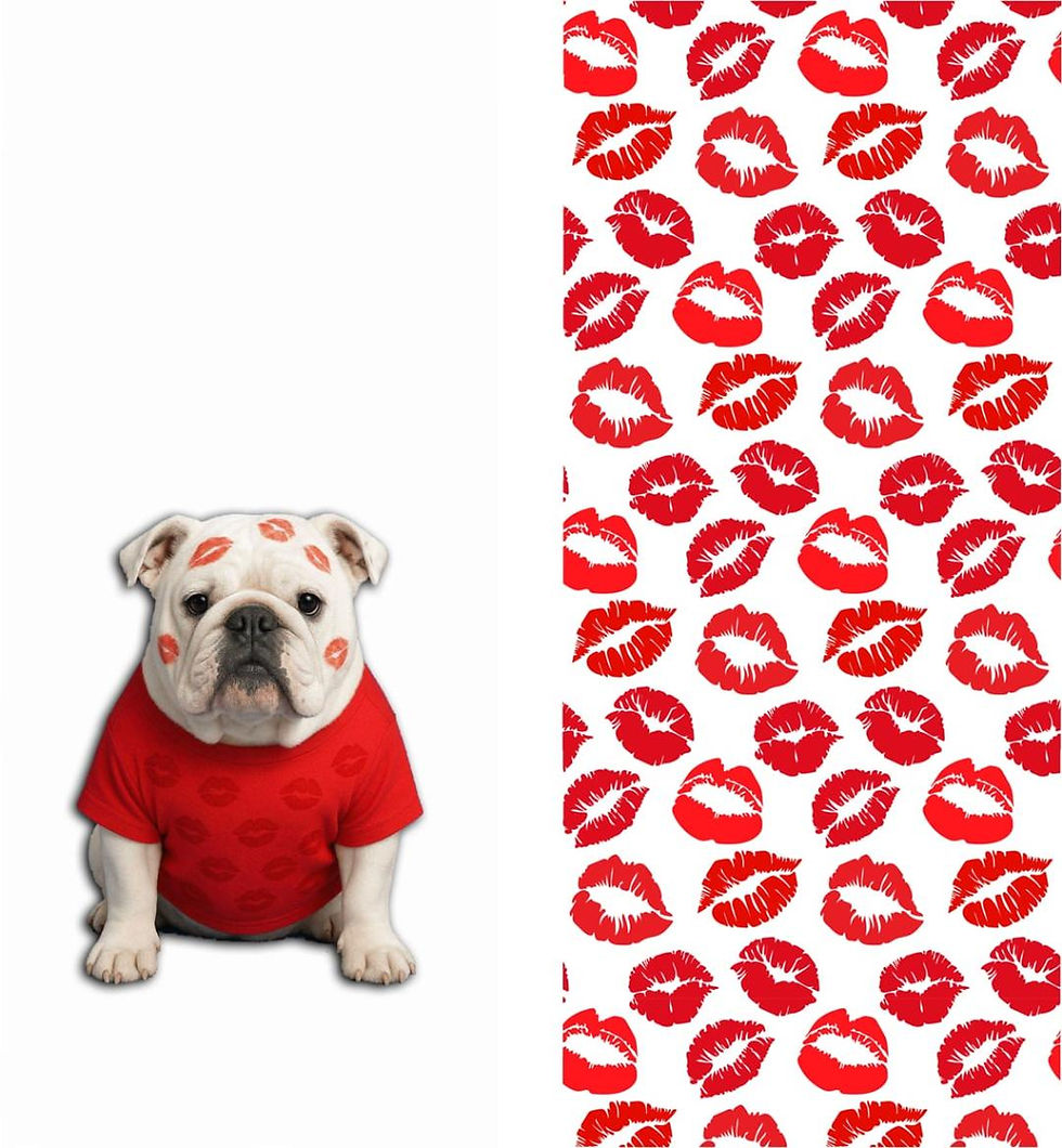 Bulldog with red lipstick kisses, red shirt. Pattern of red lipstick kisses. key chains gifts lip gloss key chains