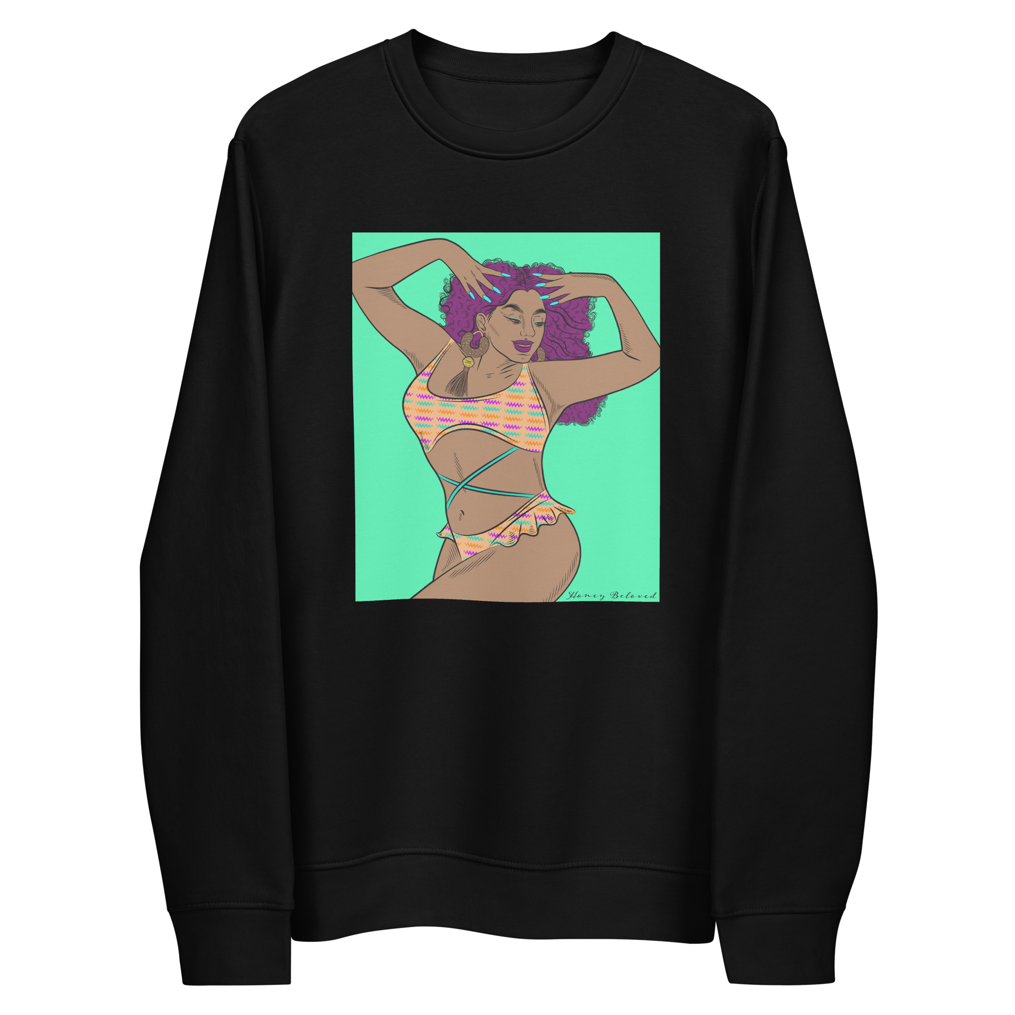 Bikini Model Curly Hair Brown Unisex eco sweatshirt