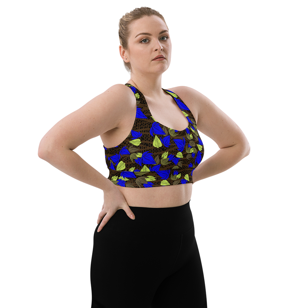 Thumbnail: Blue, brown, black abstract Longline sports bra