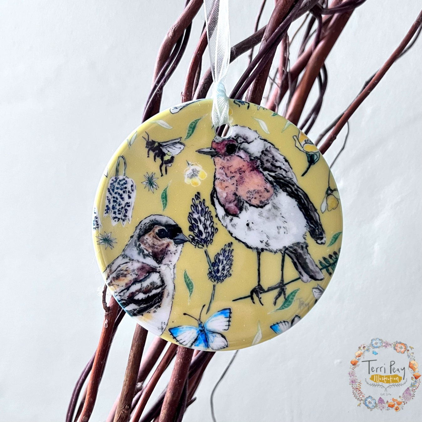 'Chaffinch and Robin' - Lemon Yellow Decoration