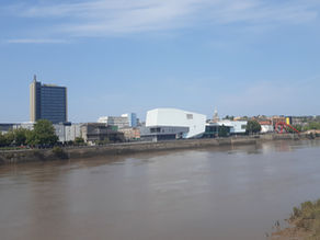 The image is of the River Usk in Newport in front of key buildings that make the Newport skyline.