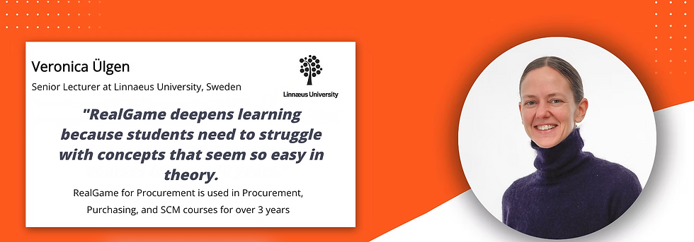 Portrait of a smiling person in a purple sweater. Text: Veronica Ülgen, Senior Lecturer, Linnaeus University, Sweden; quote on learning outcomes with business simulations. Orange background.