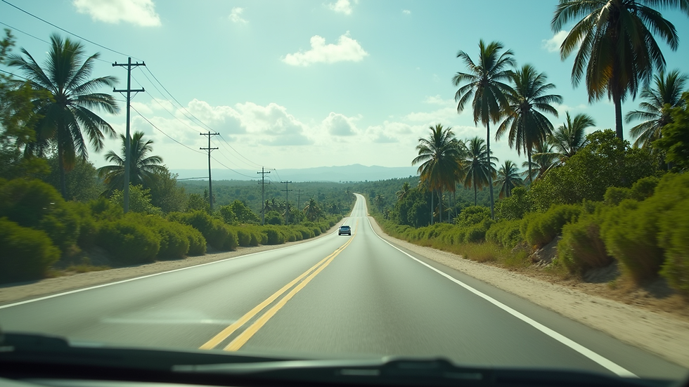 Vista lateral de un vehículo privado en carretera con paisaje tropical hacia Akumal