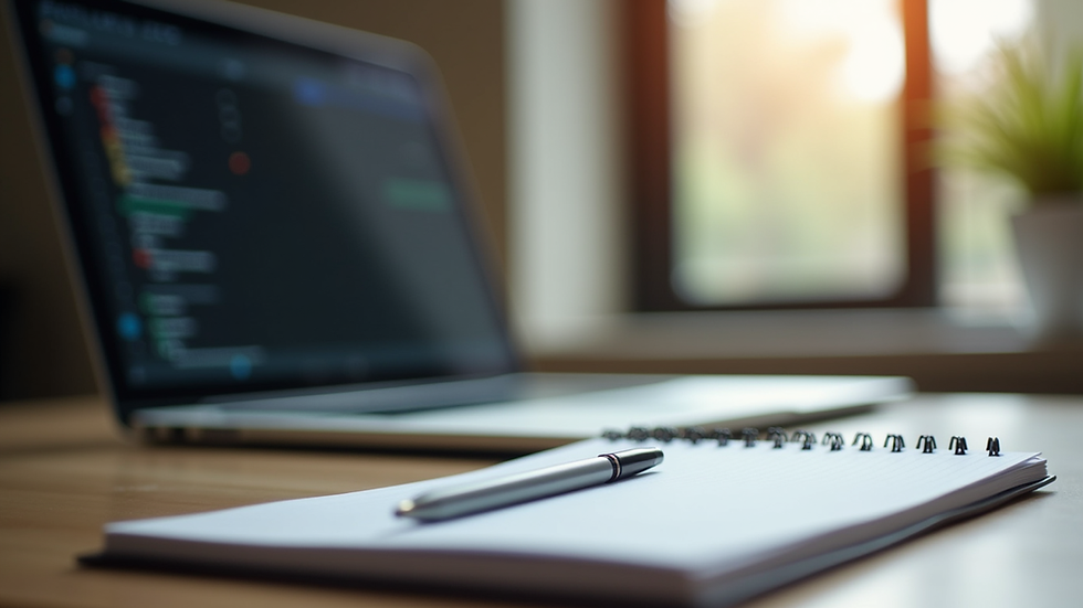 Eye-level view of a workspace with a laptop and a notepad