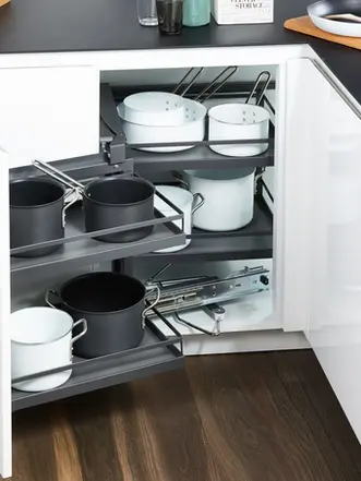 Kitchen cabinet hinges, drawer systems and pull-out storage hardware