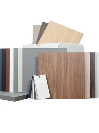 Kitchen cabinet panel samples in white, neutral, woodgrain and high-gloss finishes