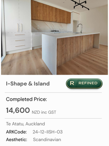 I-shape and island Refined kitchen project in Te Atatu, Auckland. Completed price NZD 14,600. Scandinavian aesthetic.