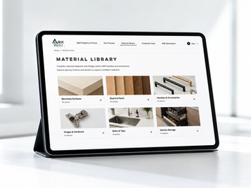 ARK Kitchen Materials Library shown on a tablet for reviewing kitchen materials and selections before a project starts.