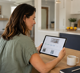 Client reviewing kitchen renovation progress and project updates through myARK on a tablet.