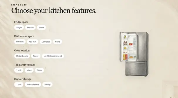 The ARK Kitchen Edit options screen for fridge, dishwasher, oven, pantry and drawer storage selections.