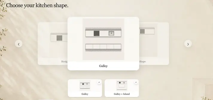 The ARK Kitchen Edit screen for choosing a kitchen shape, including galley and other layout options.