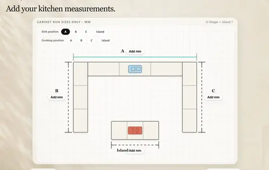 The ARK Kitchen Edit measurement screen showing a U-shaped kitchen with an island and approximate cabinet run dimensions.