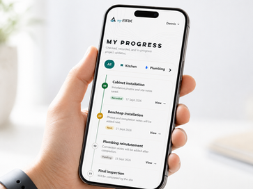 myARK project progress shown on a smartphone, tracking recorded kitchen installation stages and project updates.