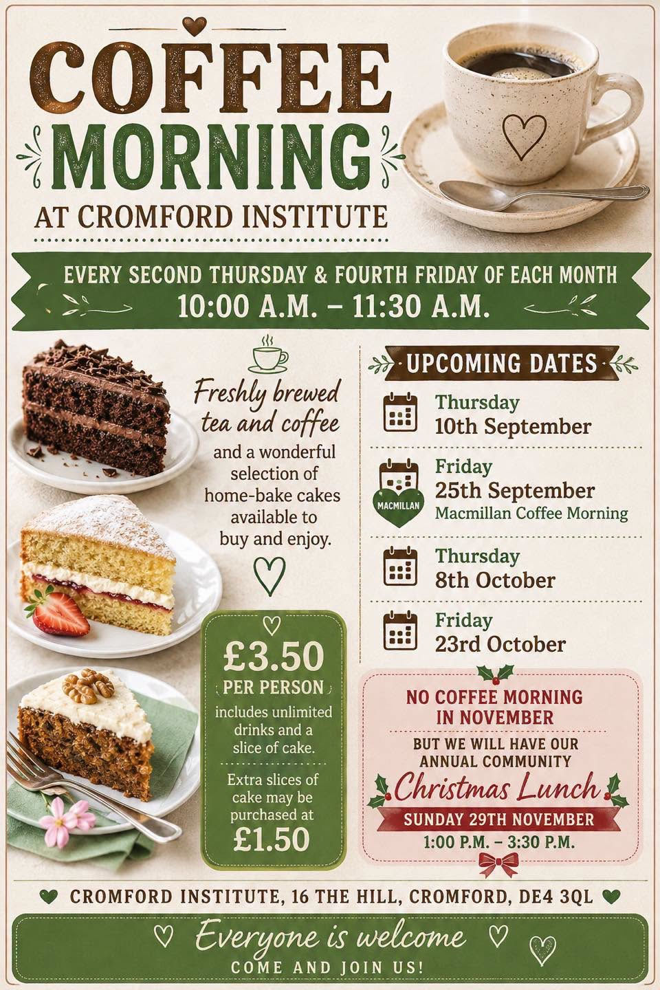 Coffee, Tea and Cake mornings