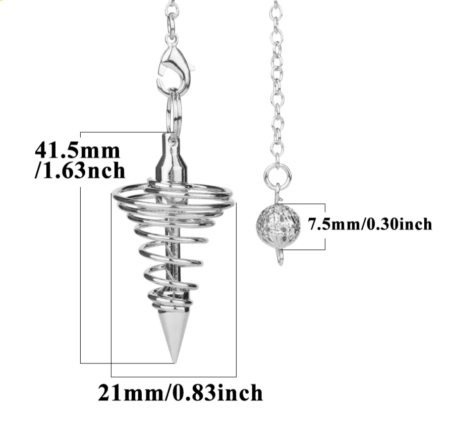 Thumbnail: Silver pendulum with dimensions 1.63in tall, 0.83in wide, 0.30in bead on white background.