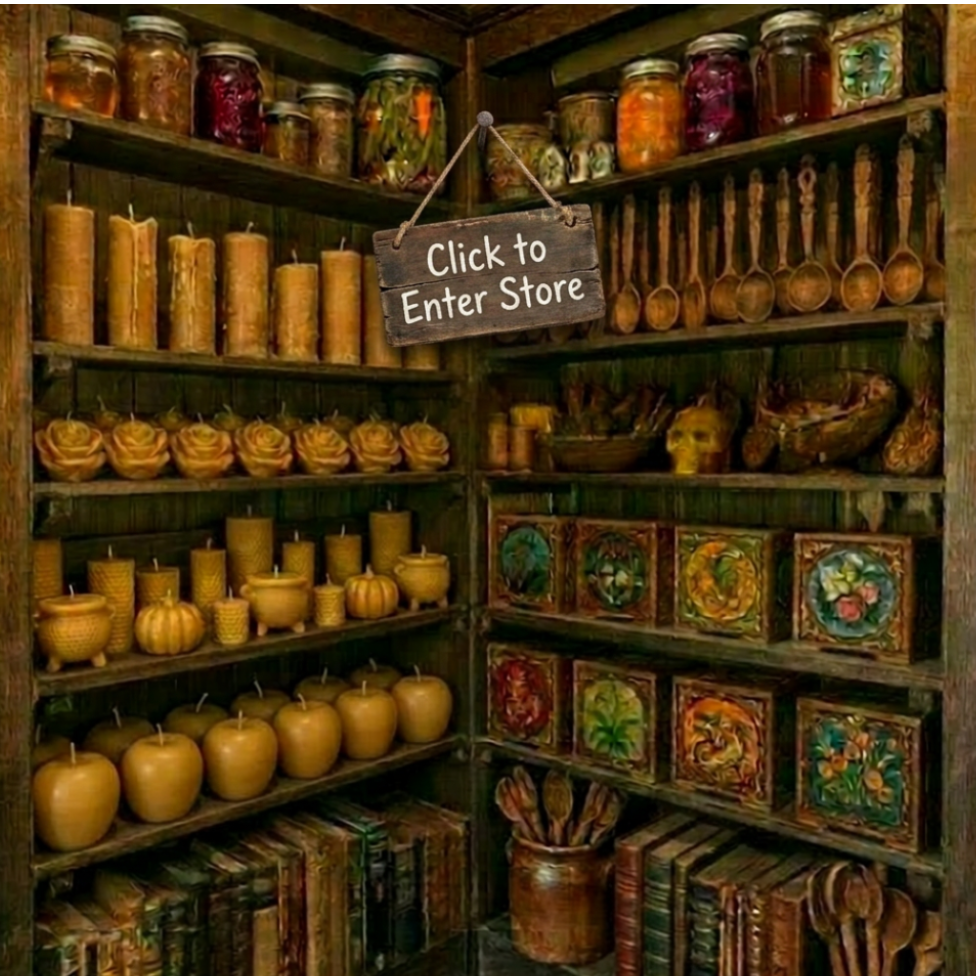 Wooden store shelves filled with handmade beeswax candles in apple, cauldron, pumpkin, pillar, and skull shapes, plus painted treasure boxes and carved wooden utensils. Sign reads click to enter store.
