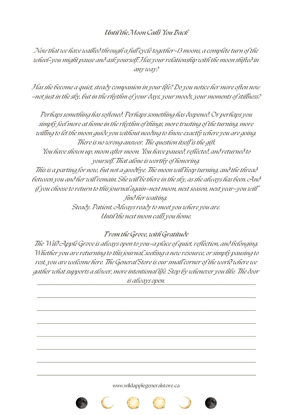 Final page of the Roots & Rhythms of the Moon journal with a reflective prompt asking how the reader's relationship with the