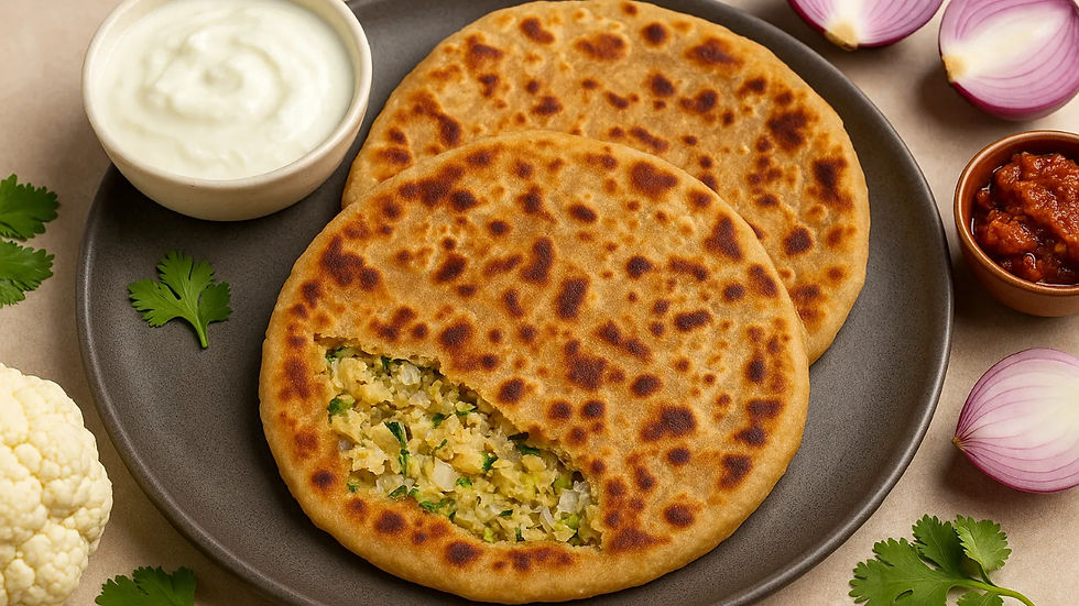 कुरकुरे गोभी और प्याज के स्टफ्ड पराठे दही और अचार के साथ परोसे गए—उत्तर भारतीय स्वाद वाला परफेक्ट ब्रेकफास्ट।